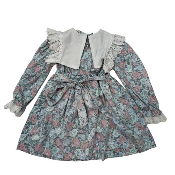 Vtg girls dress 4T Peaches N Cream green floral prairie long sleeve - Picture 6 of 6
